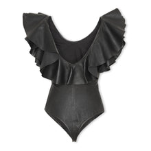 Load image into Gallery viewer, BENE black leather bodysuit with ruffles
