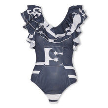 Load image into Gallery viewer, BENE Navy blue upcycled bodysuit with ruffles
